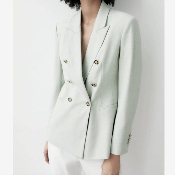 Zara Double Breasted Blazer Light Green Jacket - Picture 1 of 8